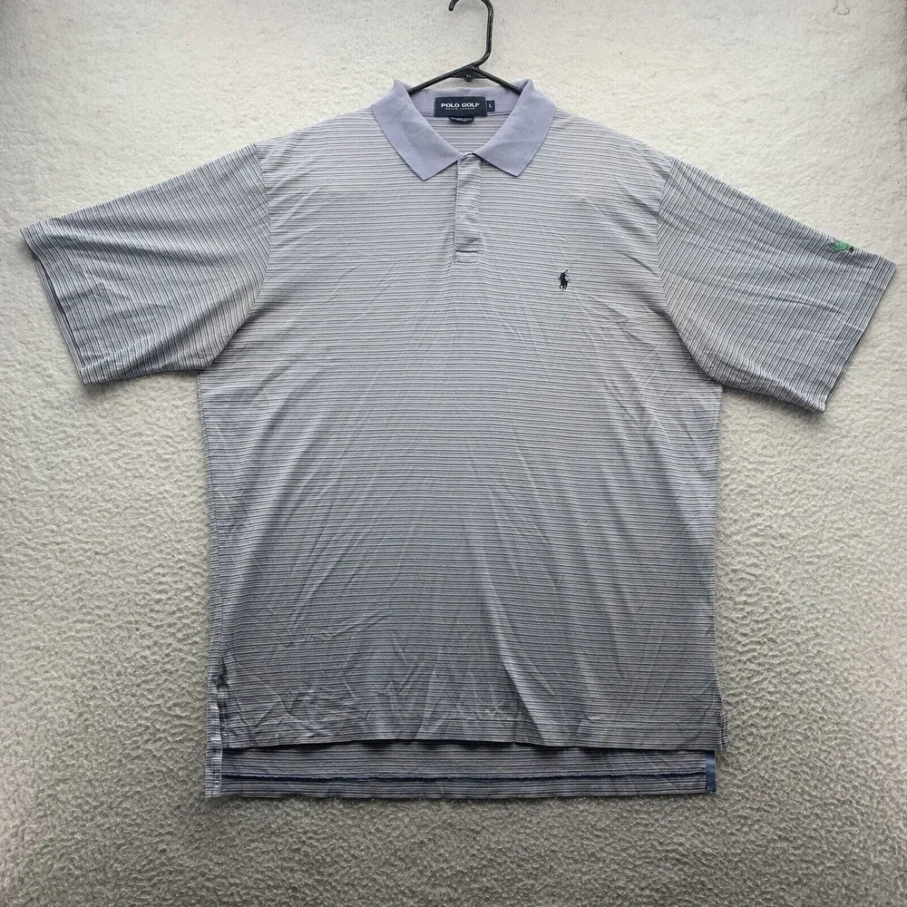 Ralph Lauren Polo Golf Shirt Mens Large Blue White Striped‎ Pima Cotton Preppy